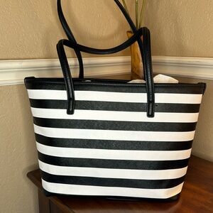 Bueno, black and white striped tote with gold hardware